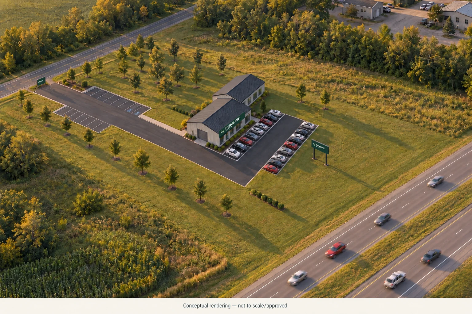 Golden-hour concept rendering of the retained building, landscaped grounds and vehicle display at 820 Garfield.