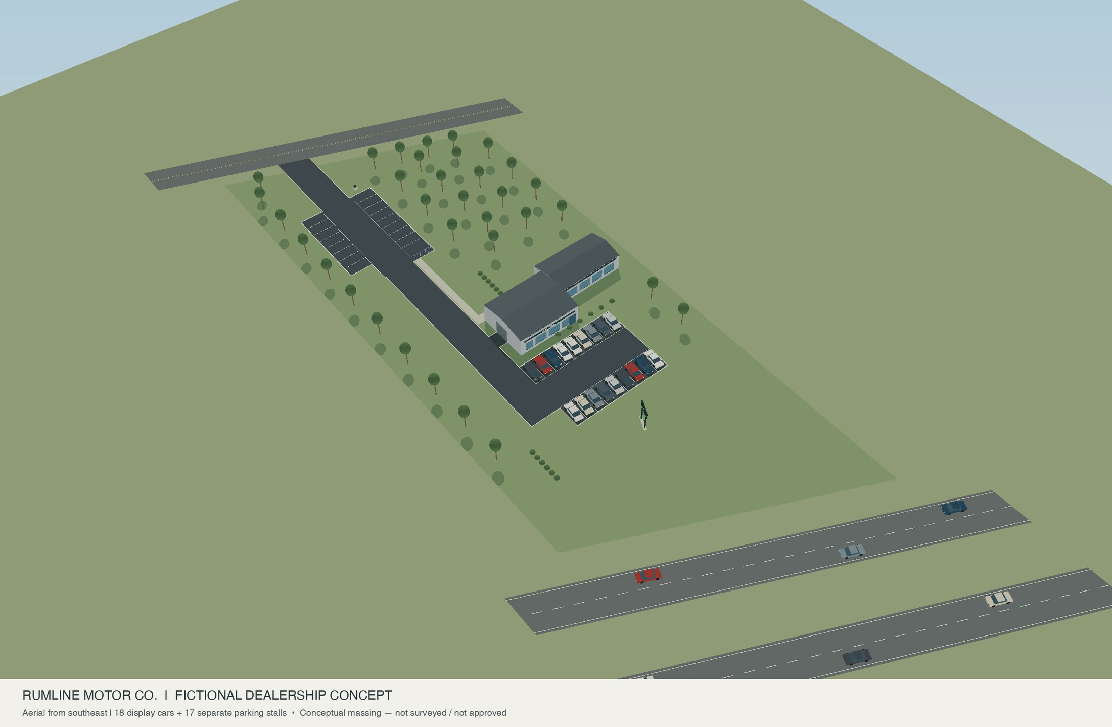 Code-generated aerial massing of Layout A; a static fallback for the interactive model.