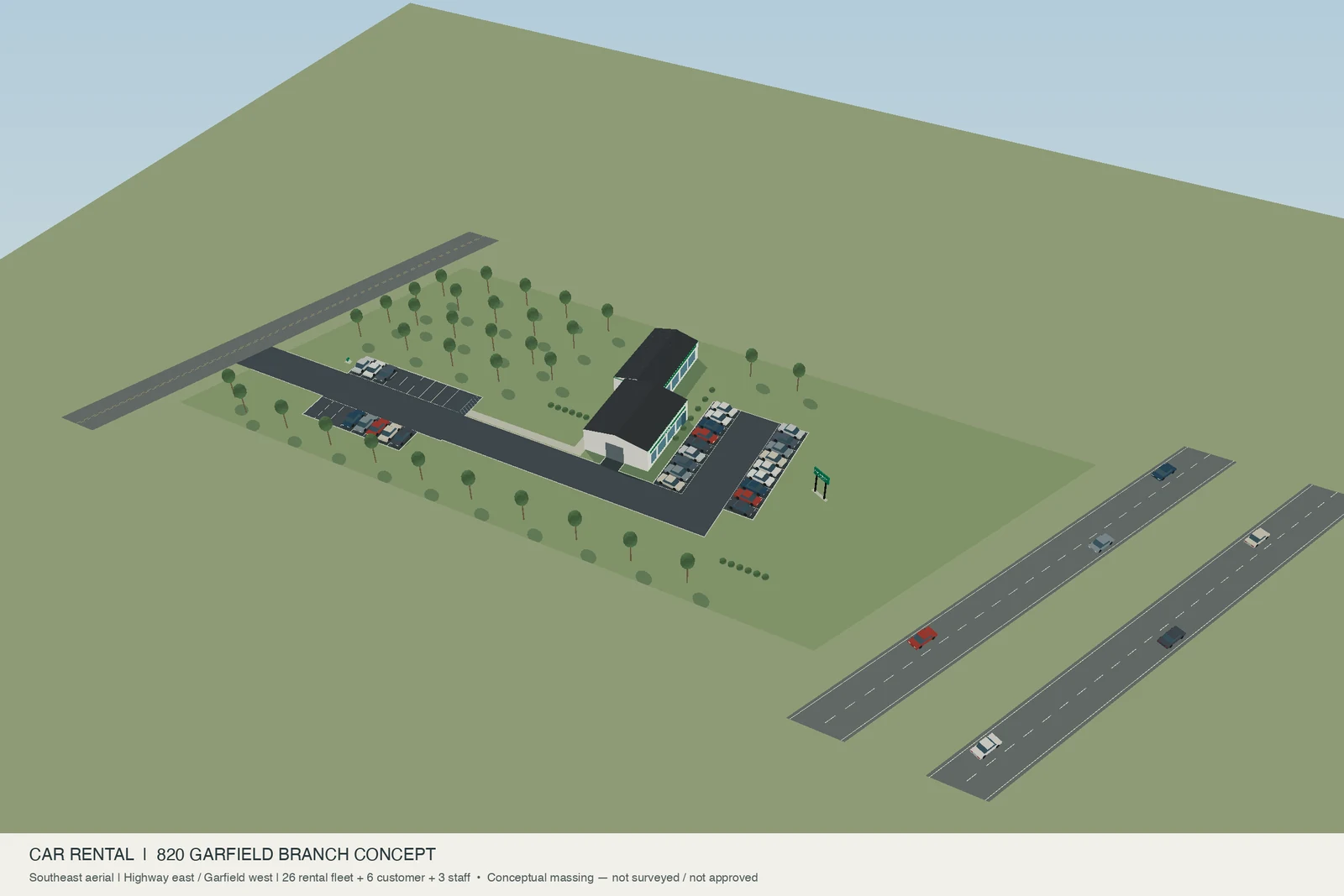 Verified massing model of the rental concept, preserving the highway, street and neighboring dealer orientation.
